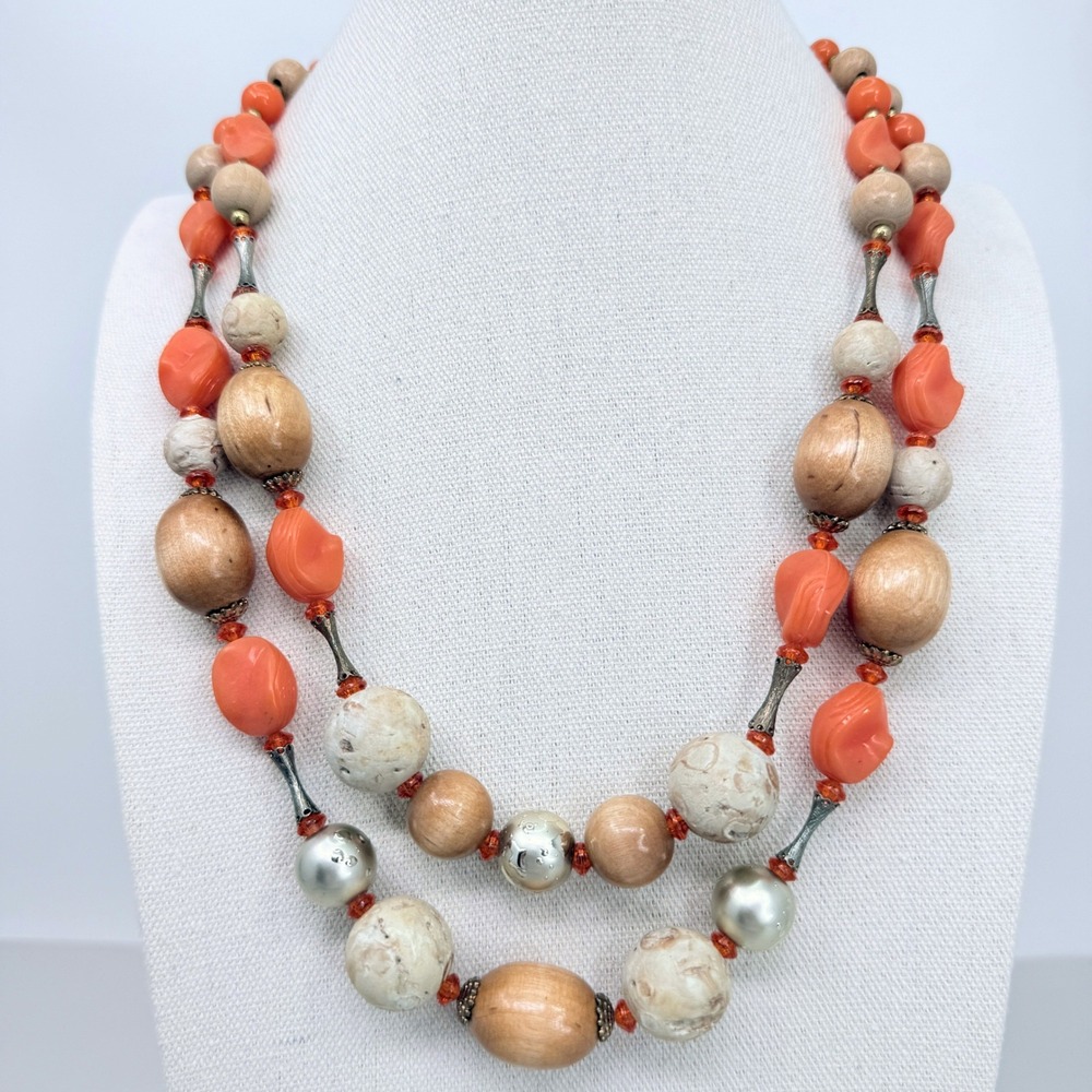 Arthur Pepper Vintage Necklace Double Strand Wood Stone Coral Bead Mid Mod